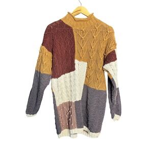 Sweater Women M‎ Brown Patchwork Bobble Knit Roll Neck Oversized Artsy Cozy